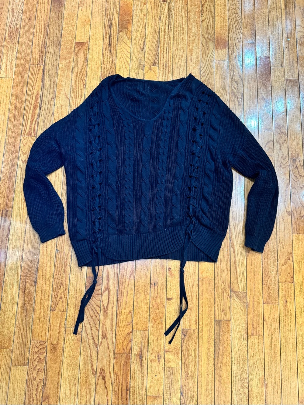 Black Lace-Up Cable Knit Women’s Sweater